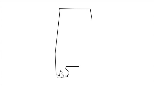 Alabama map outline animation video. State border line drawing on white background