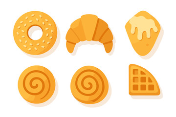 Assortment of delicious breakfast pastries including croissant, bagel, cinnamon rolls, and waffle