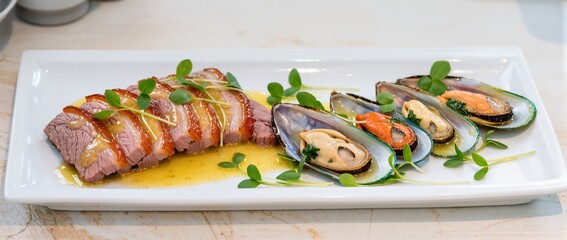 Juicy pork with kiwi glaze and mussels