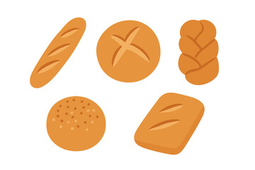Fresh baked goods assortment featuring baguette, round loaf, braided bread, and buns