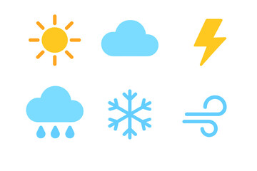 Obraz premium Basic weather forecast symbols showing sun, cloud, rain, snow, lightning, and wind