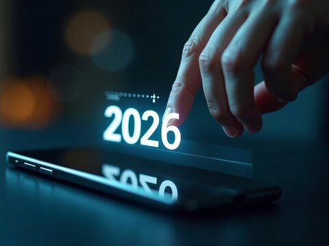Future technology and new year 2026 goals with a person touching a glowing digital hologram on a smartphone screen.