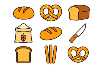 Assortment of essential bakery products and tools including bread, pretzels, flour, and a knife