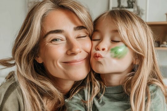 Closeup of a parent and child blowing soap bubbles near a warm lamp