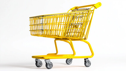 A bright yellow shopping cart isolated on a white background