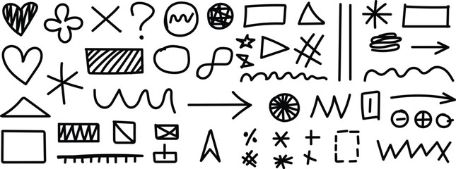 Simple geometric shapes and symbols hand drawn for minimal doodle artwork
