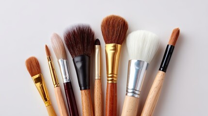 Fototapeta premium Assorted Makeup Brushes on Light Background for Beauty and Cosmetics, Including Foundation, Blush, Eyeshadow, and Lip Brushes for Professional Use