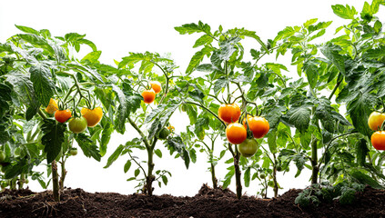 Green tomato plants with unripe and ripening fruit