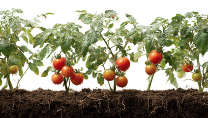 Rows of ripe red tomatoes growing in rich soil, isolated on white background