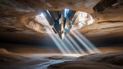 Sunbeams illuminate a hidden cavern with towering crystal formations, creating a mystical and awe-inspiring atmosphere.