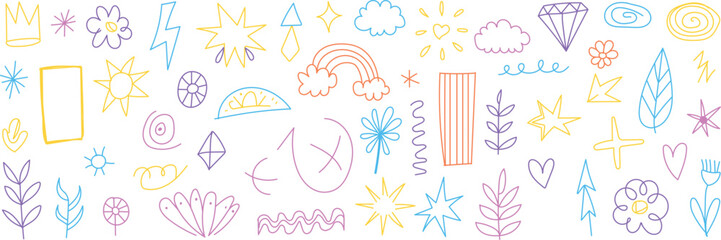 Colorful abstract pattern of small illustrated shapes and creative artistic figures