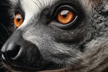 Obraz premium Ring tailed lemur close up reveals striking amber eyes and patterned fur details, showcasing wildlife beauty