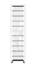 Tall empty wooden bookshelf 2D line object. Vertical shelving with natural wood grain texture. Book organizer. Home furniture isolated clipart vector ink outline item. Monochrome spot illustration