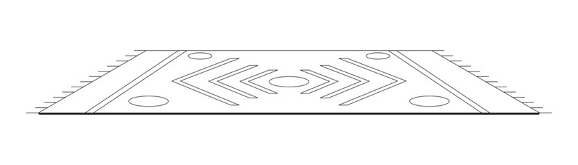 Geometric pattern rug 2D line object. Rectangular floor decor with symmetrical arrows and circles. Boho style weave carpet isolated clipart vector ink outline item. Monochrome spot illustration