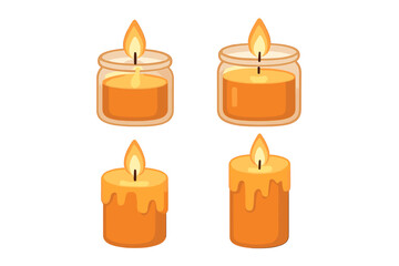 Set of four burning orange candles, two in glass jars and two freestanding wax pillars, providing warm light