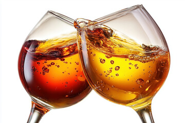 Two wine glasses clinking together on white background