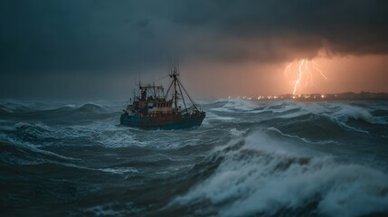 Obraz premium Dramatic action shot of a fishing trawler battling a rough, stormy sea, as huge waves crash and distant lightning illuminates dark, turbulent clouds.