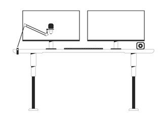 Professional dual-monitors desk setup with microphone arm 2D line object. Computer screens, keyboard, webcam, adjustable table isolated clipart vector ink outline item. Monochrome spot illustration