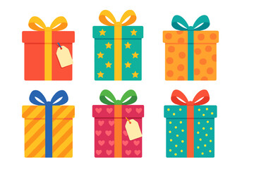 Six colorful gift boxes wrapped with decorative ribbons and bows