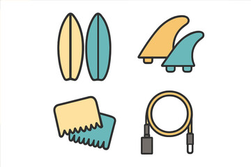Essential surfing equipment collection featuring surfboards fins wax combs and coiled leash