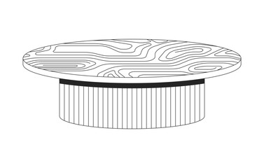 Round coffee table with textured wood top 2D line object. Wooden furniture. Circular surface with ribbed cylindrical base isolated clipart vector ink outline item. Monochrome spot illustration