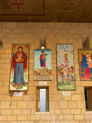 Nazareth, Israel, 5 May 2025.  International religious mosaics from romania india and singapore in Basilica of the Annunciation