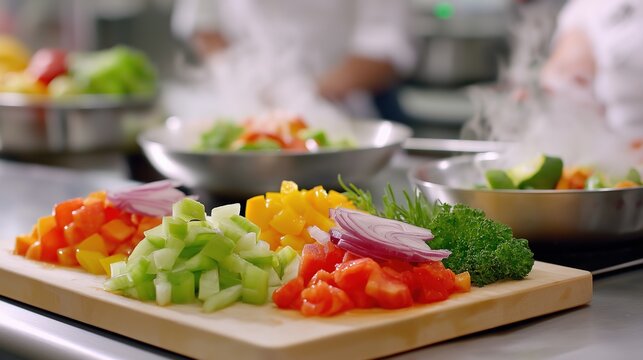 Colorful Chopped Vegetables on Wood Board
