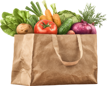 Fresh vegetables paper bag, tomato, carrot, lettuce carry
