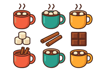 Steaming hot chocolate mugs with marshmallows, cinnamon sticks, and chocolate bar ingredients