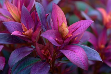 Close-up of cordyline plant with vibrant pink and green leaves in an outdoor garden setting, basking in sunlight