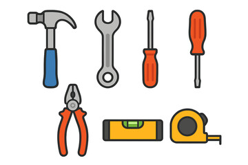 Essential collection of hand tools: hammer, wrench, screwdriver, pliers, level, and tape measure