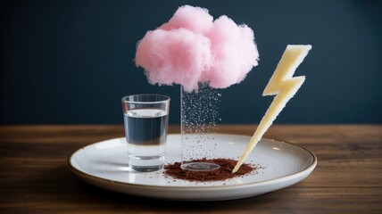 Whimsical dessert art: cotton candy cloud rains sugar onto plate with lightning bolt