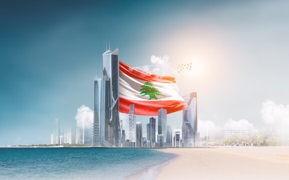 Lebanon flag waving behind modern skyline. Lebanon national flag for independence day. - Powered by Adobe
