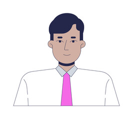 Professional indian man in white shirt and pink tie 2D avatar human face. South asian male office worker friendly cartoon illustration character portrait isolated. Flat user profile color image
