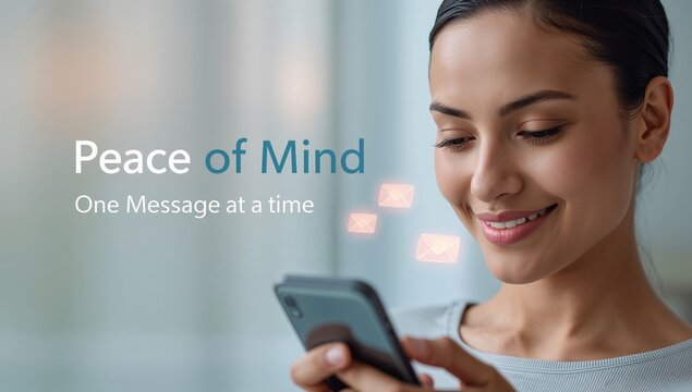 Woman finds calm and connection through mindful mobile communication, embracing peace one message at a time.