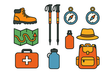 Essential outdoor adventure and trekking equipment featuring boots, map, compass, and backpack