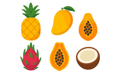 Colorful set of tropical fruits: pineapple, mango, papaya, dragon fruit, and coconut