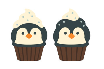 Adorable pair of cartoon penguin cupcakes topped with whipped cream frosting and colorful sprinkles