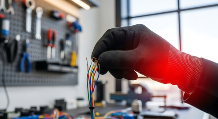 Gloved hand holding colorful electrical wires in a workshop with red light highlight