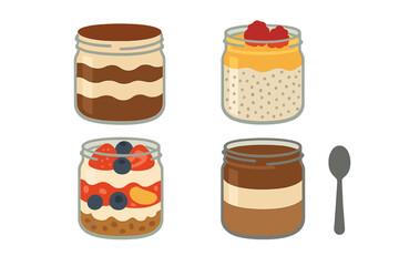 Four layered desserts served in glass jars including chocolate pudding, fruit parfait, and overnight oats with raspberries