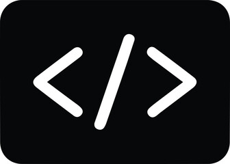 Obraz premium HTML code tag programming icon, Black silhouette icon featuring HTML code tag brackets, symbolizing web development, programming, coding, and digital interface design concepts.