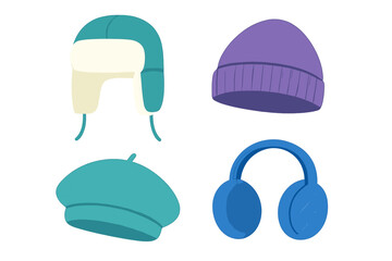 Collection of warm winter head accessories including a trapper hat, knit beanie, beret, and earmuffs