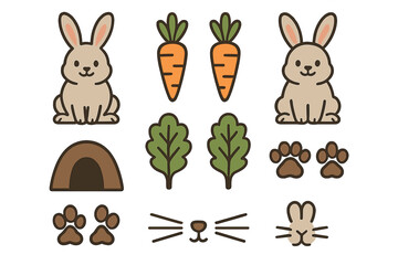 Cute cartoon rabbit characters set with carrots, green leaves, burrow, and paw prints elements