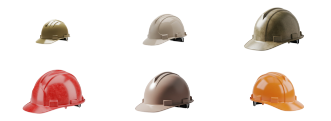 Assorted construction helmets in various colors on transparent background, set 