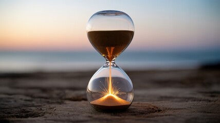 Hourglass on sandy beach at sunset, symbolizing passing time and tranquility