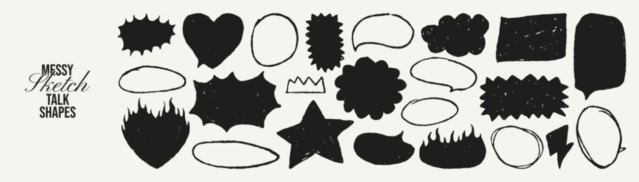 Black crayon drawn text box, speech balloon, doodle line shape set. Irregular talk bubbles with chalk texture. Fancy punk frames or bg for text, quotes, or stickers. Vector heart, star, crown, oval.