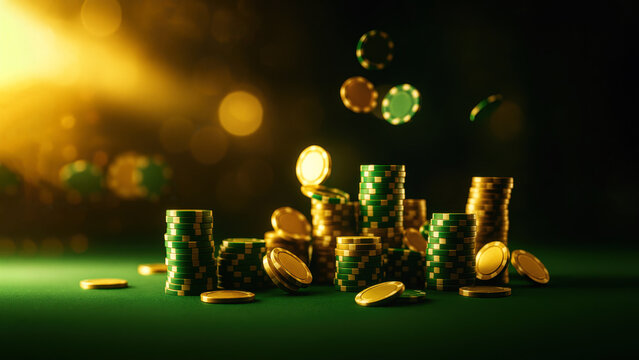 Stacks of green casino chips with flying gold coins, bokeh