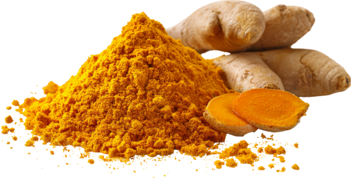 Golden turmeric powder, fresh root, spice, organic, vibrant color, culinary ingredient