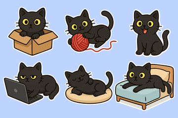 Funny and Cute Black Cat Stickers Collection, Adorable Cartoon Cats Playing, Sleeping, and Doing Funny Things