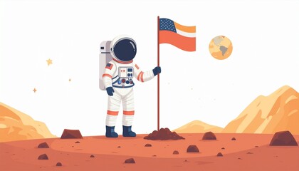 An astronaut in a spacesuit plants a flag on the surface of Mars with planet Earth visible in the background.